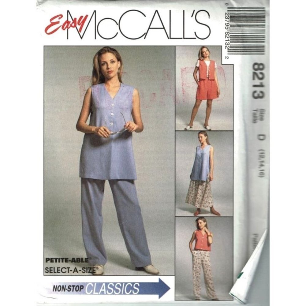 McCalls Sewing Pattern 8213 Vest Pants Short Skirt Misses‎ Size 12-16